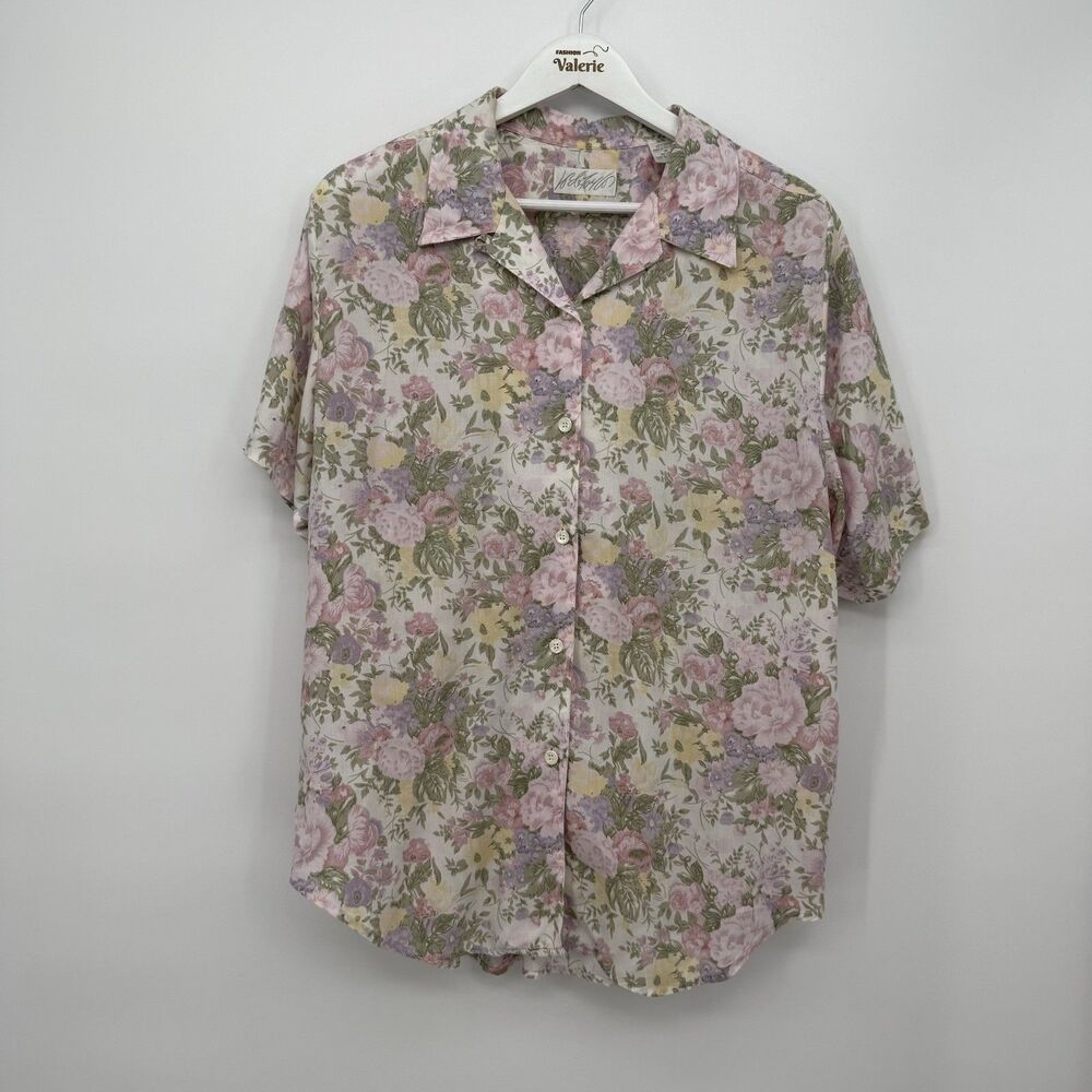 Lord & Taylor Vintage Multicolor Floral Rayon Button Front Short Sleeve Top Med